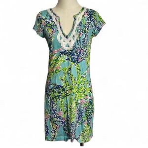 Lilly Pulitzer 100% Cotton Ocean Tropical Blue and Green Brewster Dress w/ lace